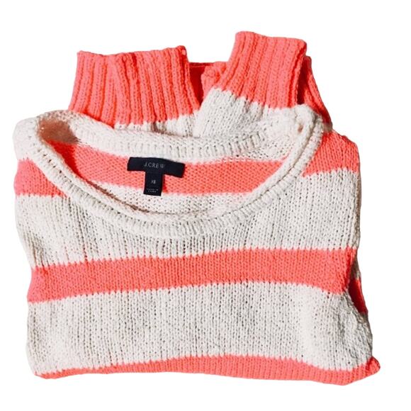 J Crew Neon Pink Orange Twist Stitch Open Neck Pullover Cream Stripe Sweater XS - Picture 6 of 7
